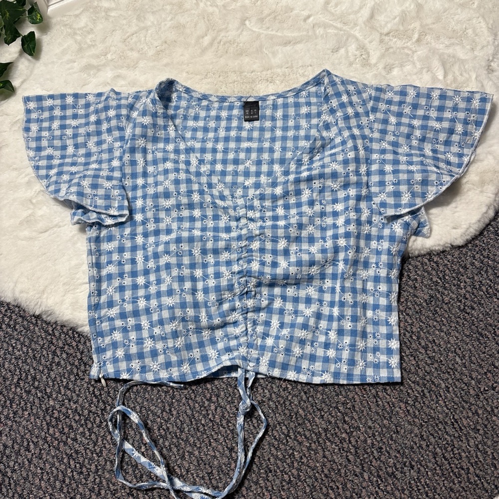 Blue Gingham Crop Top with Tie Front